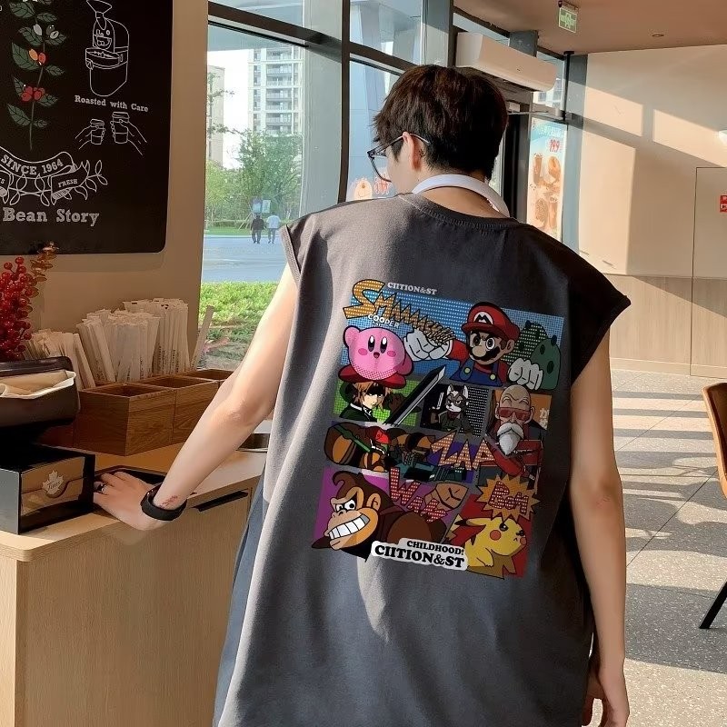2025 NEW Summer American Style Trendy Brand Printed Sleeveless T-Shirt Thin Men's Loose Pure Cotton 