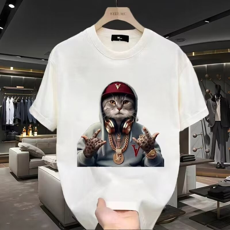 2025 NEW 2025 American Style Trendy Brand Fun Spoof Cat Print Short Sleeve T-Shirt Unisex Loose High