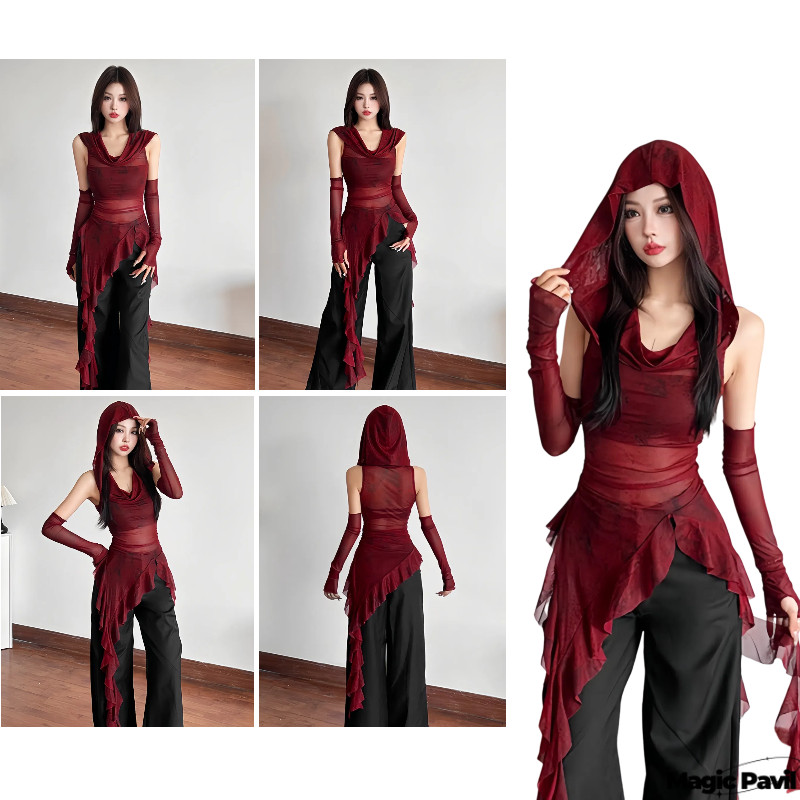 【Magic】พร้อมส่ง |เสื้อ เดรส ฮูดดี้ผ้าซี่ทรู สีแดง แถมปลอกแขน ใส่สบาย FY2801#1