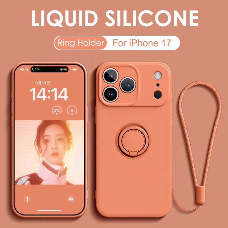 หรูหราผู้ถือแหวนแม่เหล็กซิลิโคนเหลว สําหรับ iPhone 17 Pro Max 17 Air 16 16E 15 14 13 Pro Max 16 Plus กล้องป้องกัน Kickstand กันกระแทกกันชนนุ่ม