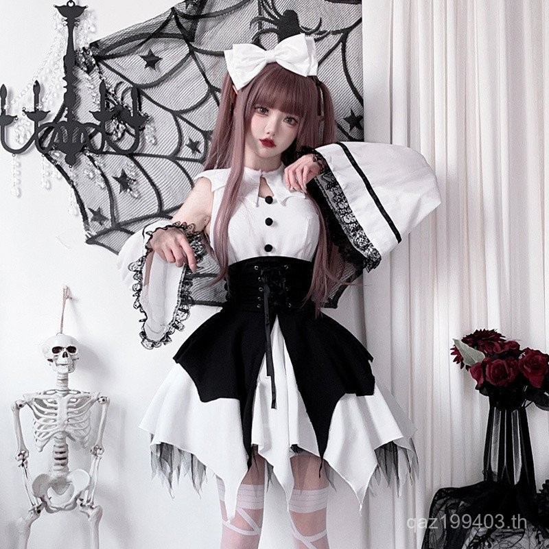 ชุดแม่บ้านสไตล์ Goth Y2K Punk Lolita แบบ Harajuku สำหรับคอสเพลย์ Halloween และใส่ประจำวัน NPB1 7YTF