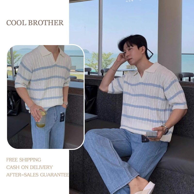 [COOL BROTHER]Polo ฤดูร้อนสีฟ้าและสีขาวปกเสื้อโปโลแขนสั้นถักเสื้อผู้ชายหลวมอเมริกันยืดเสื้อยืดสไตล์ผู้ชาย เหมาะสำหรับฤดูร้อน