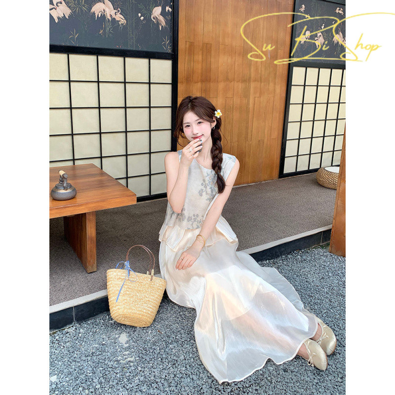 {Subi-Oder}ชุดสไตล์จีนใหม่สําหรับผู้หญิงที่มีดีไซน์ประณีตเสื้อกล้ามผ้าซาตินจีนไม่สม่ําเสมอ