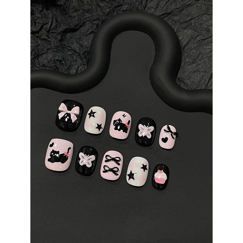 New Product#M234Sweet Cool Cat Short Nails Autumn Winter Handmade Wearable Nails New Luxury Whitenin