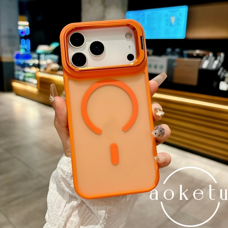 เหมาะสําหรับ แอปเปิล 17 เคสโทรศัพท์ผิวใสกึ่งสีส้มเหมือนขายึดฝาพับเรียบง่าย 17อากาศ เคสป้องกันแม่เหล็กดูด 16/15 เคสป้องกันการตกแบบรวมทุกอย่าง