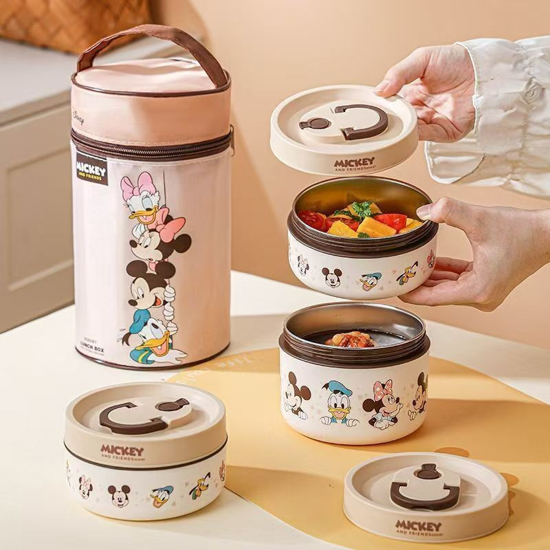 ใหม่ Disney Disney Disney กล่องอาหารกลางวันหุ้มฉนวนสแตนเลสสามชั้น Leak-Proof High-Appearance Office Worker แตรไมโครเวฟร้อน