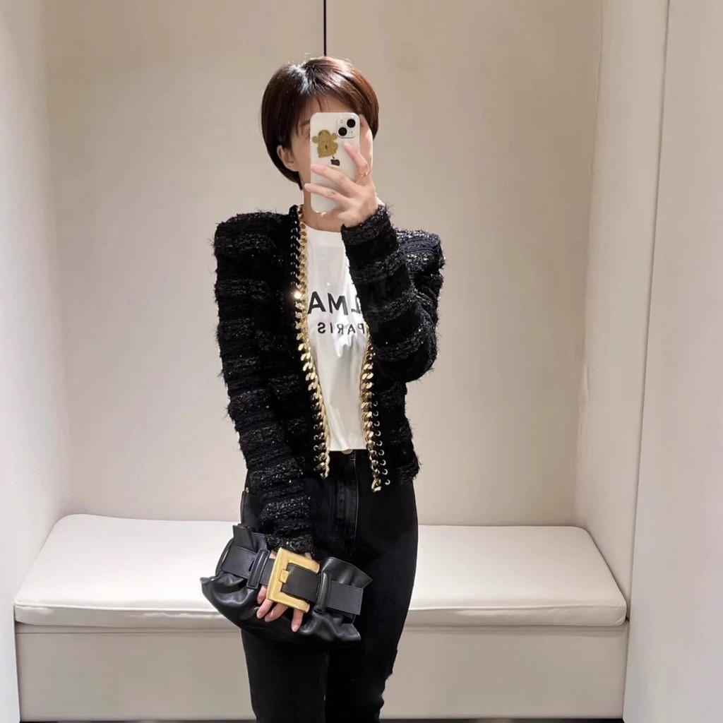 Sandro Temperament Tweed Sequined Metal Chain Jacket + เสื้อกั๊กสั้นคอสูง + ชุดเดรสคล้องคอสะโพก