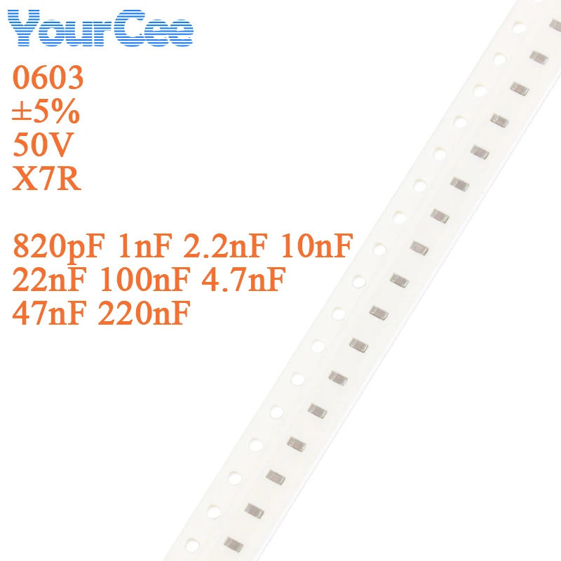 100pcs 0603 ตัวเก็บประจุ SMD ±5% 50V X7R 820pF 1nF 2.2nF 4.7nF 10nF 22nF 47nF 100nF 220nF