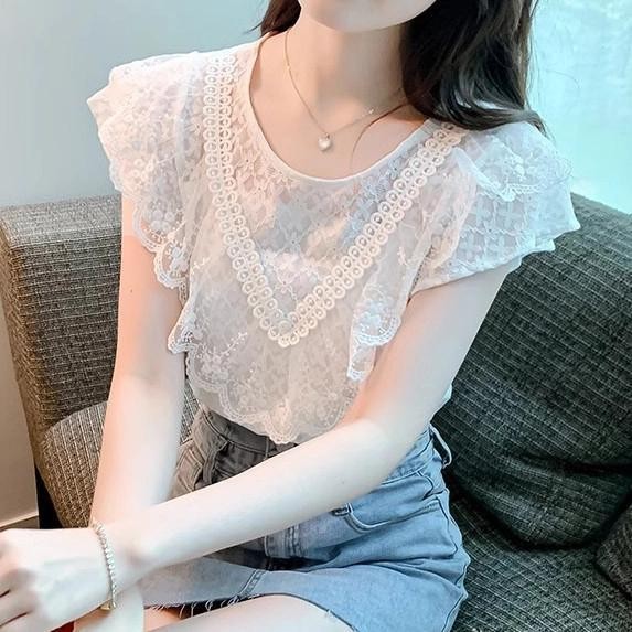ฤดูร้อนใหม่กลวงออกแขนสั้นด้านบนฝรั่งเศสบัวใบผู้หญิงเสื้อสไตล์เรียบง่าย