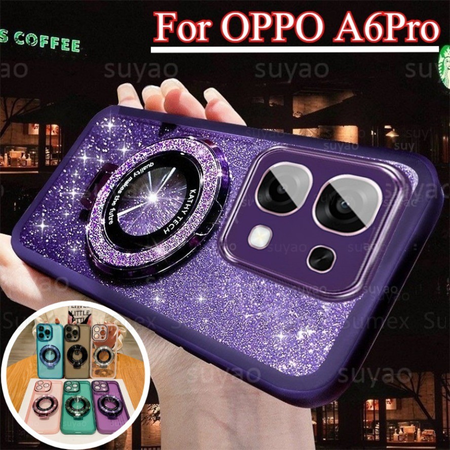 สําหรับ OPPO A6 Pro 5G Glitter หรูหราชุบเคสโทรศัพท์ขาตั้งแหวนผู้ถือวงเล็บน่ารักสาวกล้องกันกระแทก Soft TPU กลับปลอก OPPOA6Pro CPH2781 OPPOA6 A6Pro 4G CPH2799 2025