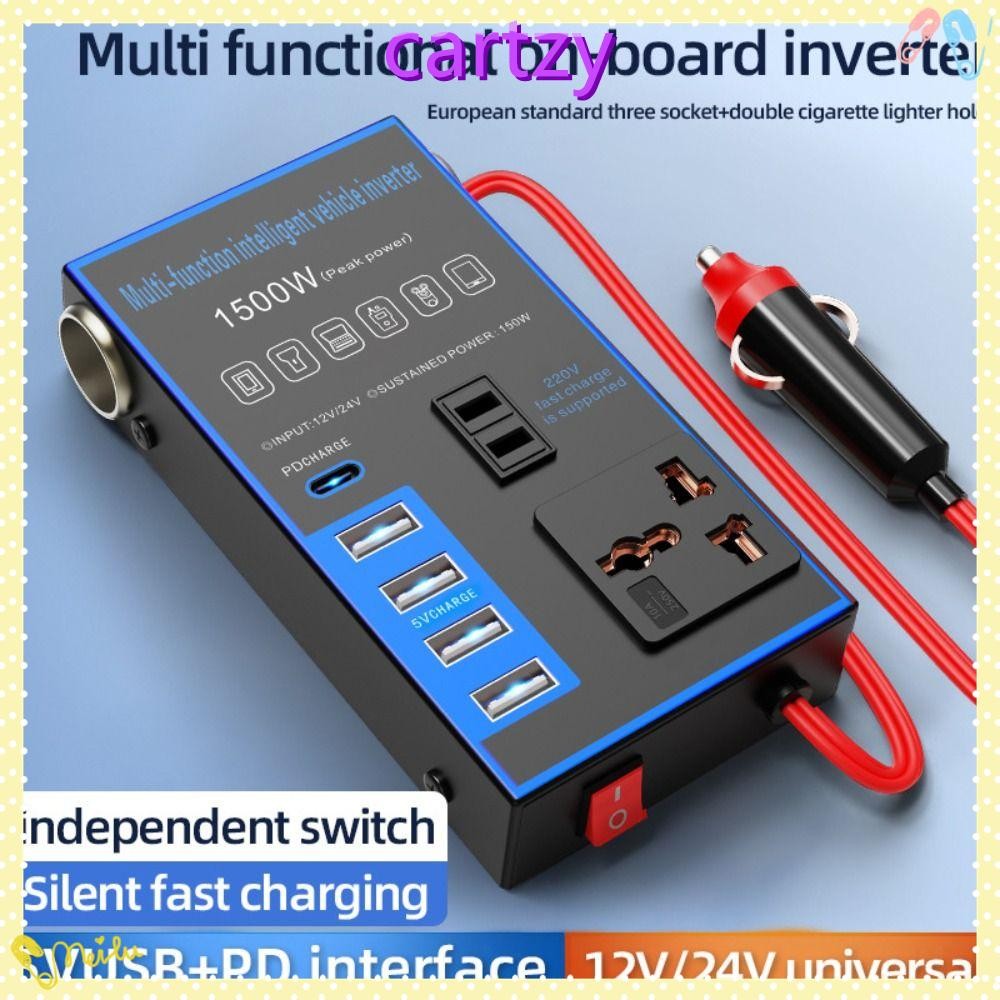 CARTZY อินเวอร์เตอร์ในรถยนต์, DC 12V/24V เป็น AC 220V อะแดปเตอร์กําลังสูง, มัลติฟังก์ชั่น 1500W Universal Car Converter ซ็อกเก็ต