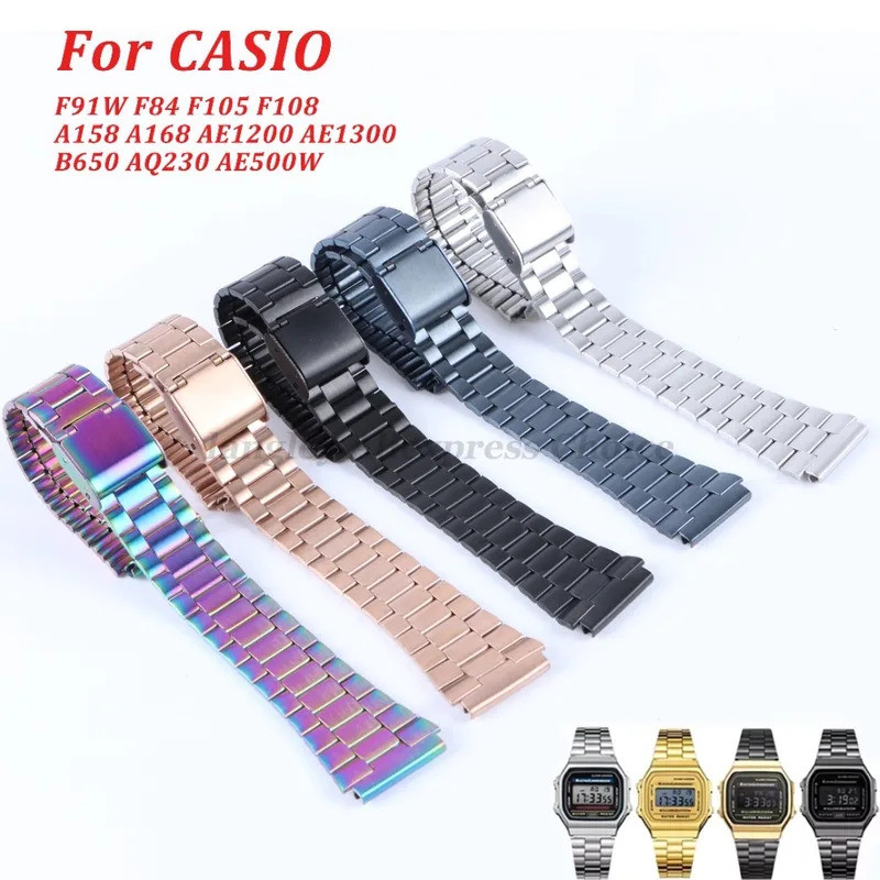 สายสแตนเลสสําหรับ F91W F84 F105 F108 A158 A168 AE1200 AE1300 B650 AQ230 AE500W คลาสสิกขนาดเล็กสร้อยข