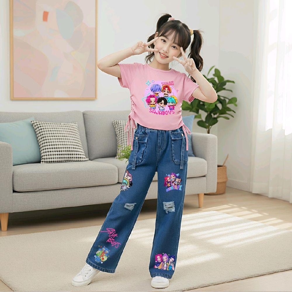 NEWชุดเซ็ทเด็กลายสุดฮิตSoda pop กางเกงยีนส์แท้ทรงคาร์โก้+เสื้อผูกโบว์ข้าง