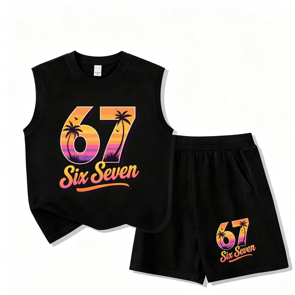 [COD]（ชุดเสื้อกั๊กและกางเกงสั้นเด็ก） ตัวเลข 67 และคําว่า Six Seven พร้อมลายปาล์มและสีโทนรุ้ง บนเสื้อแขนกุดสีขาวและกางเกง