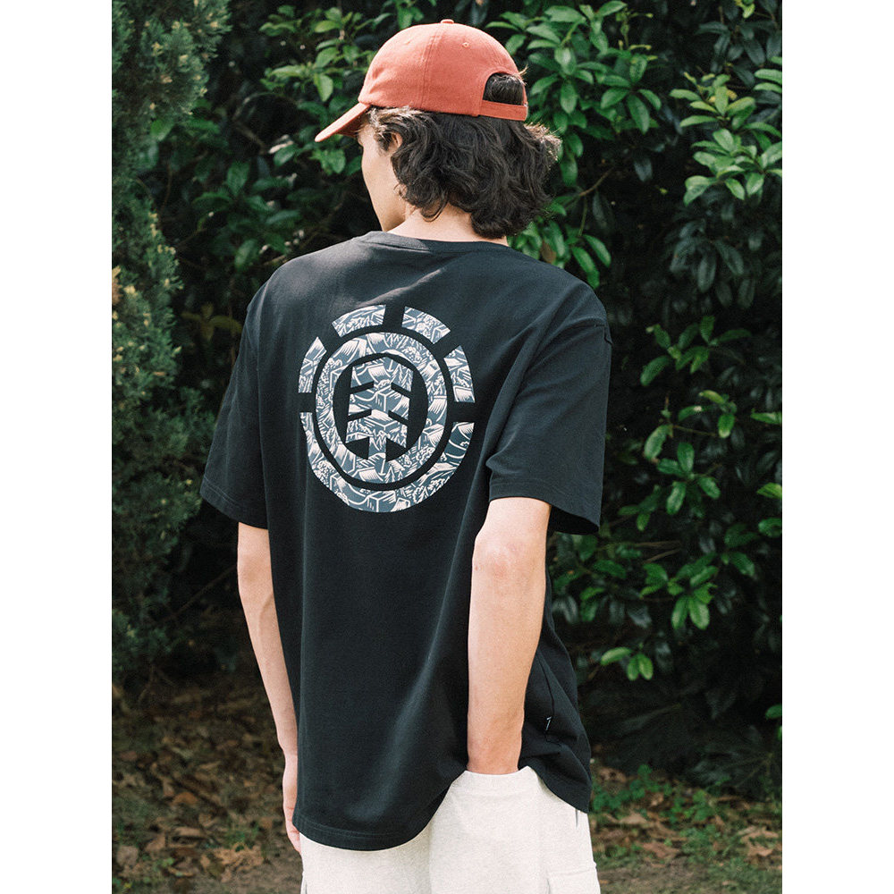 ELEMENT Skateboard เสื้อยืดแขนสั้นผู้ชายสีดํา Retro หลวมโลโก้พิมพ์ผ้าฝ้ายด้านบน