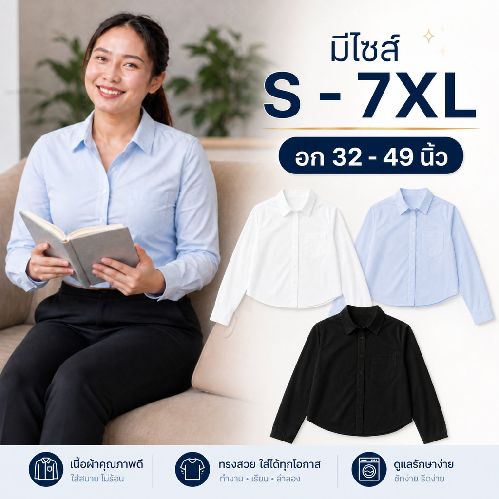 พร้อมส่ง  เสื้อเชิ้ตแขนยาว S-7XL งานครอป สุดแซ่บ ผ้าคัตตอล