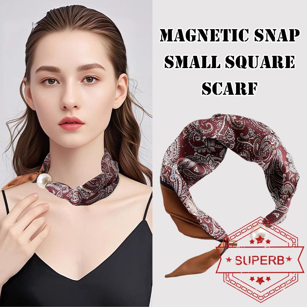 Polka Dot Magnetic Snap ผ้าพันคอสี่เหลี่ยมเล็กผู้หญิงตกแต่งผ้าพันคอคอ R7V4