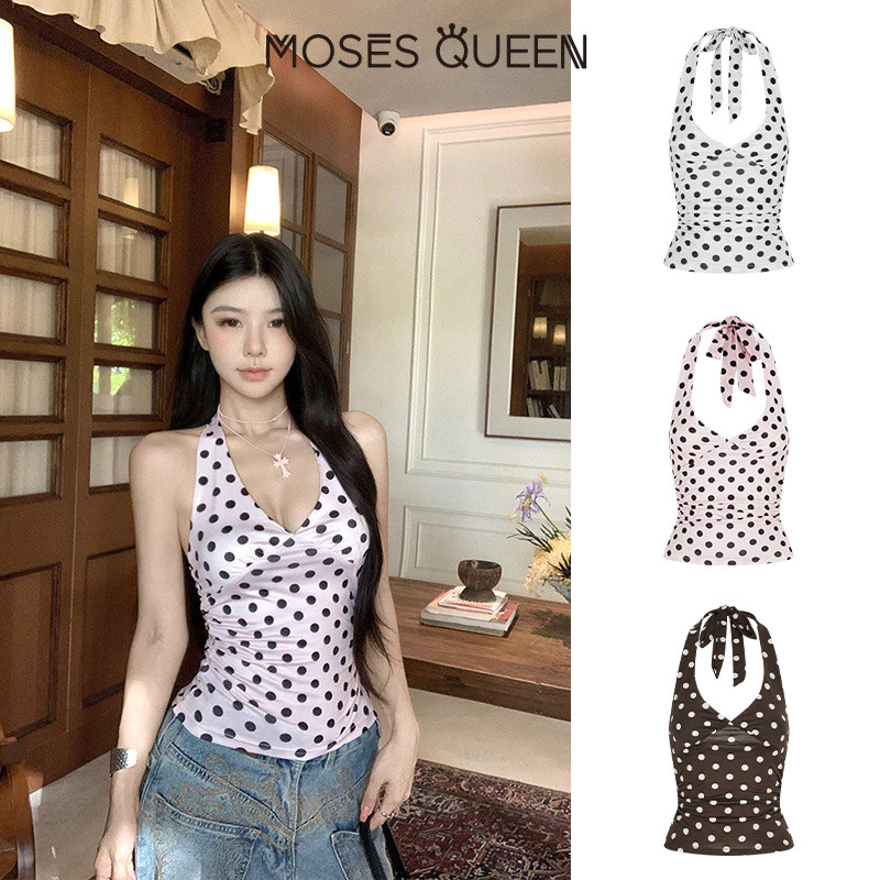 MOSESQUEEN เสื้อกล้ามคล้องคอลายจุดความปรารถนาบริสุทธิ์ในรูปแบบใหม่สําหรับใส่ด้านนอก - เสื้อโชว์สุดเซ็กซี่สําหรับเด็กผู้หญิง #63734