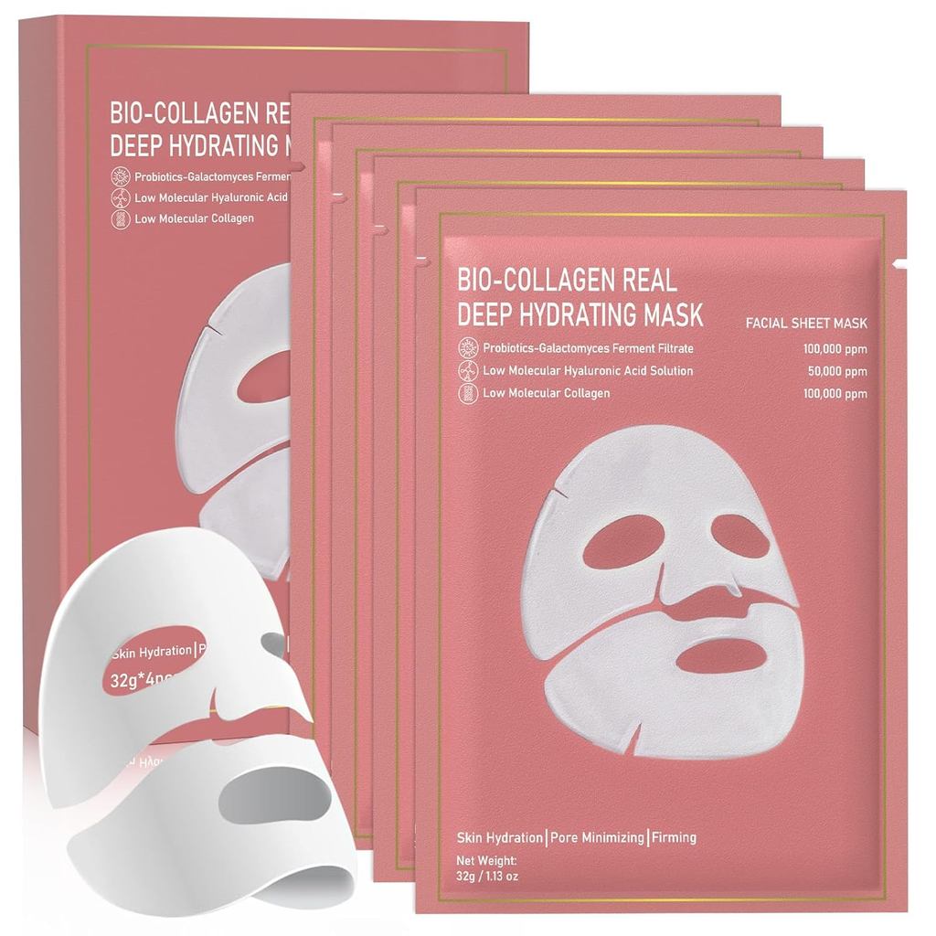 Bio-Collagen Real Deep Mask, มาส์กหน้าให้ความชุ่มชื้นข้ามคืน 4 แพ็คสําหรับทุกสภาพผิว, มาส์กหน้าคอลลา