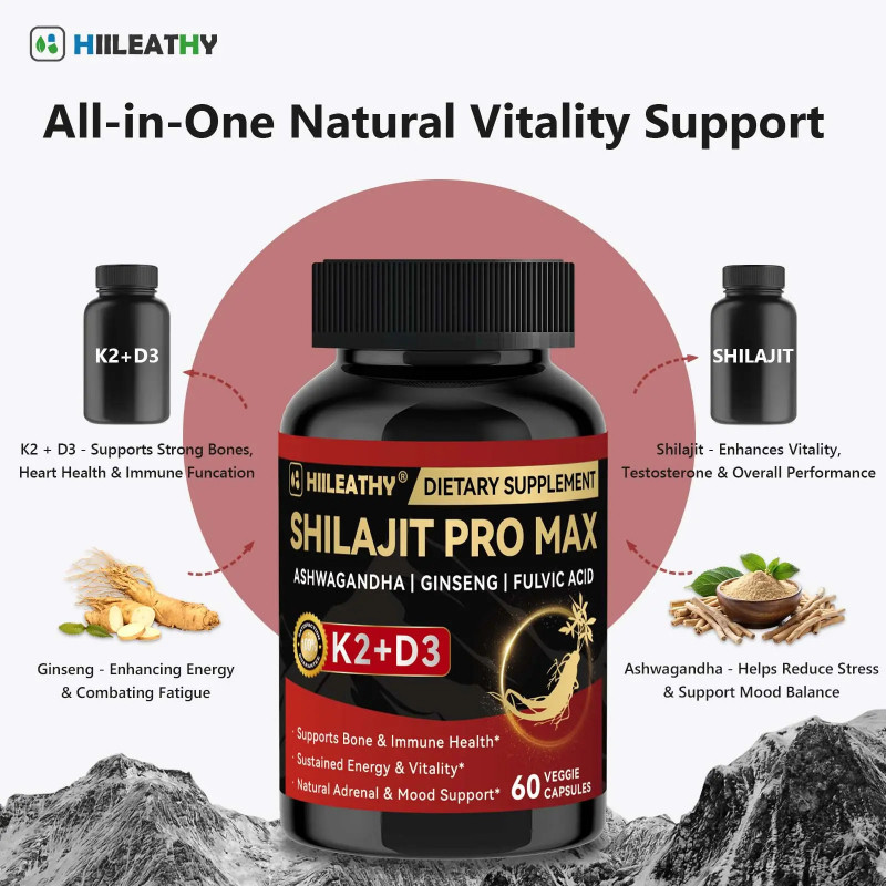 HIILEATHY Optimal Shilajit PRO MAX พร้อม K2 & D3 60 แคปซูล Made in USA พร้อมแร่ธาตุที่จําเป็นสําหรับการชะลอวัยและเสริมภูมิคุ้มกันเพื่อสุขภาพ - กินได้