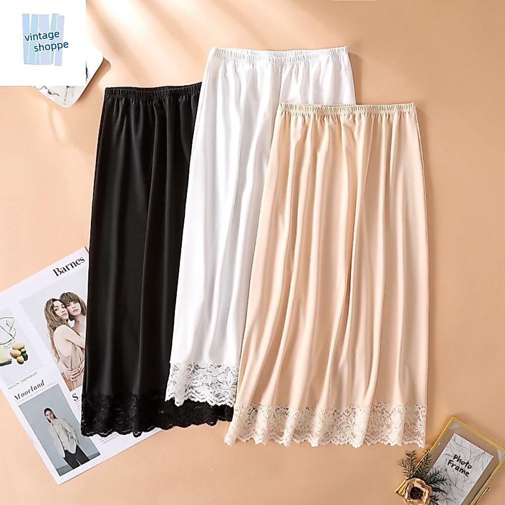 Vintageshoppe ผู้หญิงลูกไม้ยาว Petticoat, ตาข่ายดอกไม้ป้องกันแสงสะท้อนความปลอดภัย Underkirt Slips, แฟชั่น A-line สีบริสุทธิ์ความยาวกลางครึ่งสลิปชุดสําหรับผู้หญิงสาว