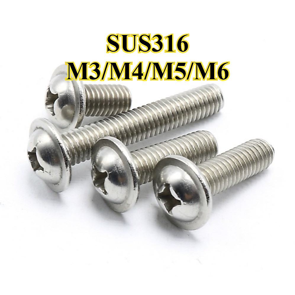 น็อต สกรู หัวกลม ติดแหวน แฉก JPW+ สเตนเลส 316 เกลียวมิล หยาบ M3/M4/M5/M6 / Pan Head Washer Machine[G