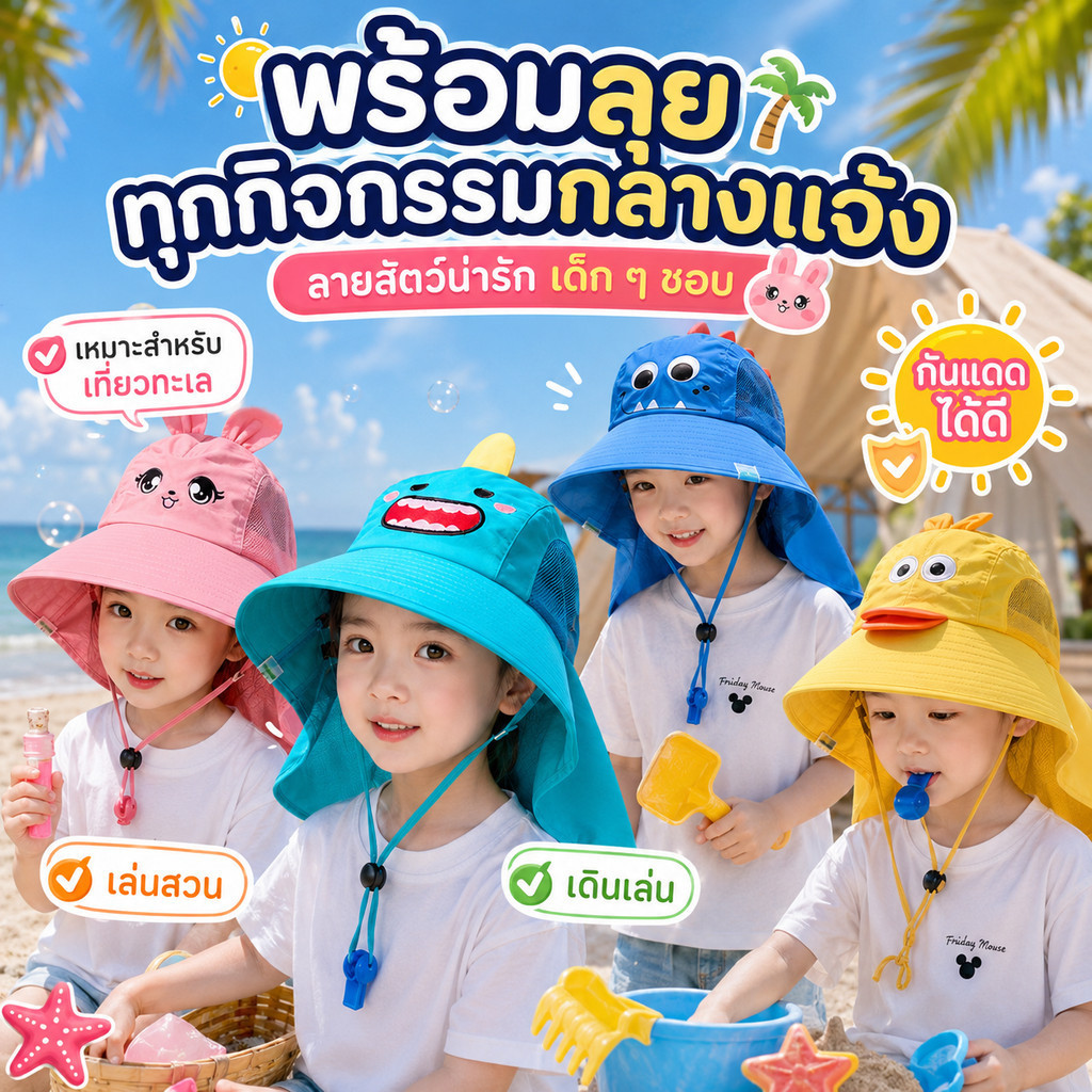 หมวกกันแดดเด็ก ลายสัตว์น่ารัก หมวกเด็กเที่ยวทะเล ปีกกว้าง คลุมคอ ตาข่ายระบายอากาศ สายรัดคางปรับได้ แถมนกหวีด