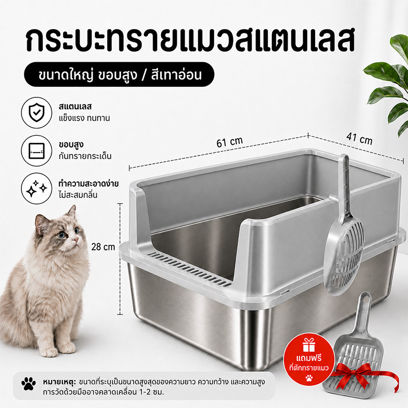 กล่องทรายกึ่งเปิด ใช้สแตนเลสหนาพิเศษ ป้องกันทรายกระเด็น ส้วมแมวใหญ่ cat litter box กระบะทราย ห้องน้ำแมว