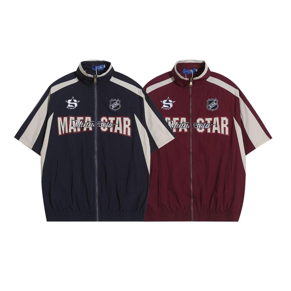 MNO.9 Jackets Y227 เสื้อแจ็คเก็ต แขนสั้น คอตั้ง ผ้าร่มแบบบาง 2Tone งานปัก มีกระเป๋าหน้า เอวจั๊ม Clot