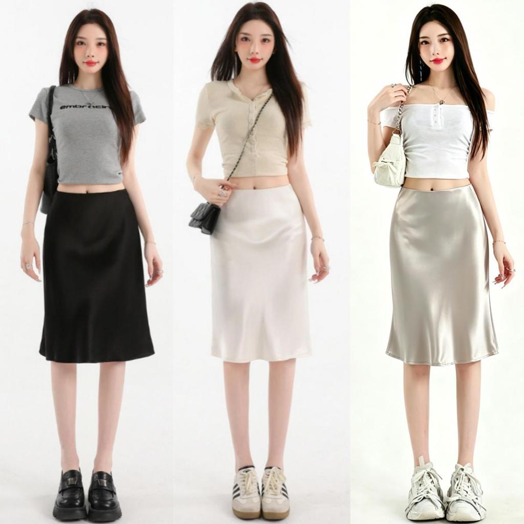 S-6XL กระโปรงยาวปานกลางทรงหางปลาผ้าซาตินสไตล์ฝรั่งเศสสำหรับผู้หญิง เอวสูง ช่วยให้ดูผอมเพรียวและสวยงาม