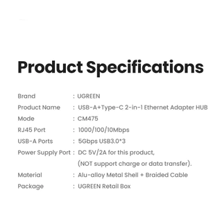 UGREEN อะแดปเตอร์อีเธอร์เน็ต 5-in-1 Type-C ถึง 1000Mbps RJ45 USB3.0 5Gbps พอร์ต USB-A Splitter สําหรับแล็ปท็อปพีซี Windows USB Expander