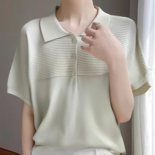 mimi&didi#เสื้อสวมหัวไหมพรมคอโปโลแขนสั้นสีดำสำหรับผู้หญิงทำจากผ้านุ่มและยืดดีไซน์ทรงสลิมฟิตมีให้เลือกหลายสี#88015
