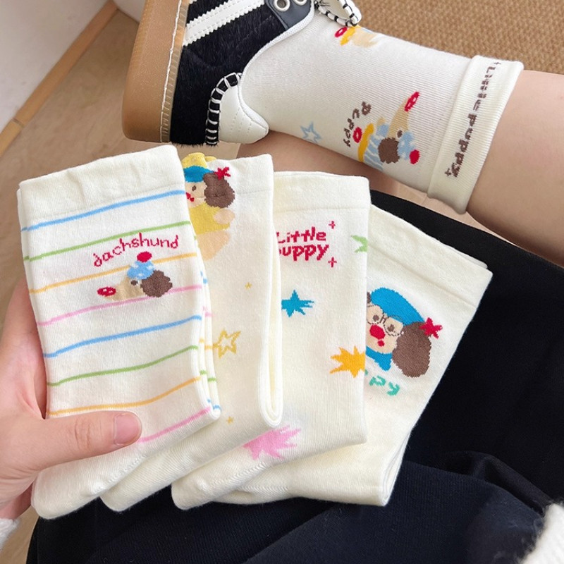 ถุงเท้าลูกสุนัขการ์ตูน สีขาว บาง ยืดหยุ่น แฟชั่นสำหรับฤดูร้อนและการเล่นกีฬา