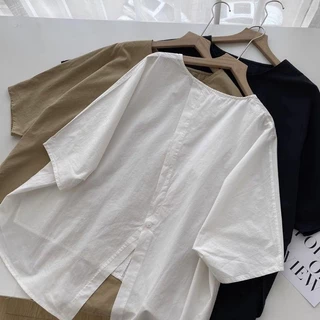 [เสื้อโอเวอร์ไซส์] (40-150 กก.) ผู้หญิงฤดูร้อนผ้าลินินอสมมาตรชายเสื้อกรีดวางเสื้อวินเทจขนาดบวกเสื้อหลวมแฟชั่นสวมใส่