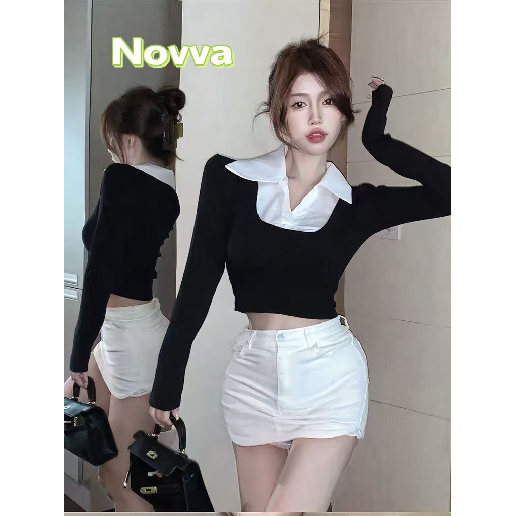 Novva ส่งไวจากไทย ดีเทลคอปกาม ดีเทลคอปก เสื้อแฟชั่นผู้หญิง เสื้อเบลาส์ผู้หญิง คอปก สไตล์เกาหลี