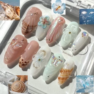 10 ชิ้นฤดูร้อนใหม่ Handmade 3D เล็บปลอม Ocean Shell สวมใส่เล็บ Y2k Art เล็บกาวเยลลี่