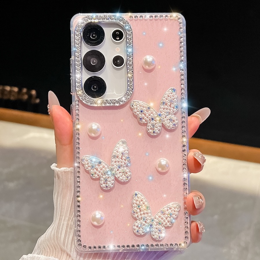 SAMSUNG เกาหลีGlitter 3Dมุกผีเสื้อเพชรเคสโทรศัพท์สําหรับSamsung Galaxy S25 FE A17 A07 S24 FE S25 Plus S23 Ultra A16 A26 A36 A56 A15 A35 A55 5G