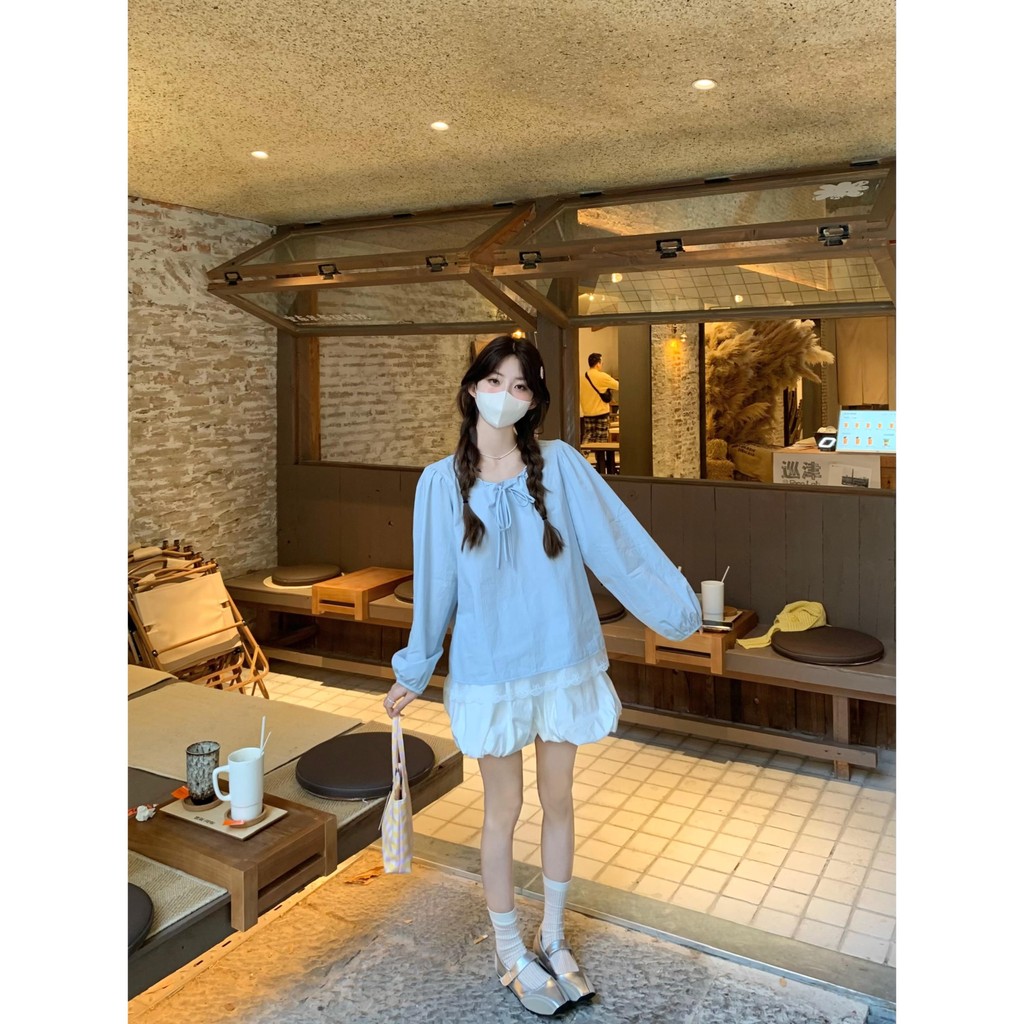 Chili Koko เสื้อเชิ้ตแขนยาวทรงหลวมผูกโบว์คอแฟชั่นสไตล์เกาหลี เสื้อแขนยาวชายลูกไม้ เสื้อผ้าน่ารักๆใส่ไปเที่ยว W649 - รูปที่ 4