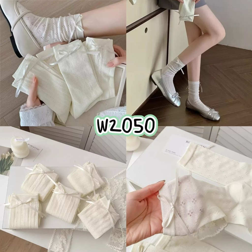 ถุงเท้าเกาหลี ญี่ปุ่น ข้อสูง โทนขาว ลายโบว์ (w2050) น่ารัก