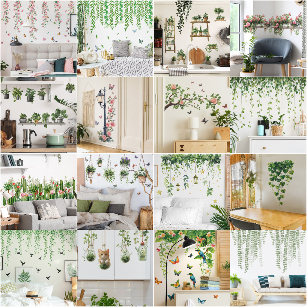สติกเกอร์ติดผนังลายป่าดอกไม้สีเขียวสดใส สำหรับตกแต่งห้องนั่งเล่นหรือทางเข้าบ้าน