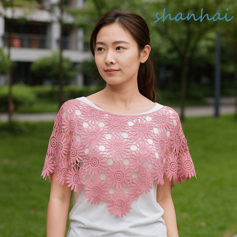 ปลอกคอลาย Krochet พร้อม Shawl Poncho ลายลูกไม้ และอุปกรณ์ทำเสื้อผ้า DIY