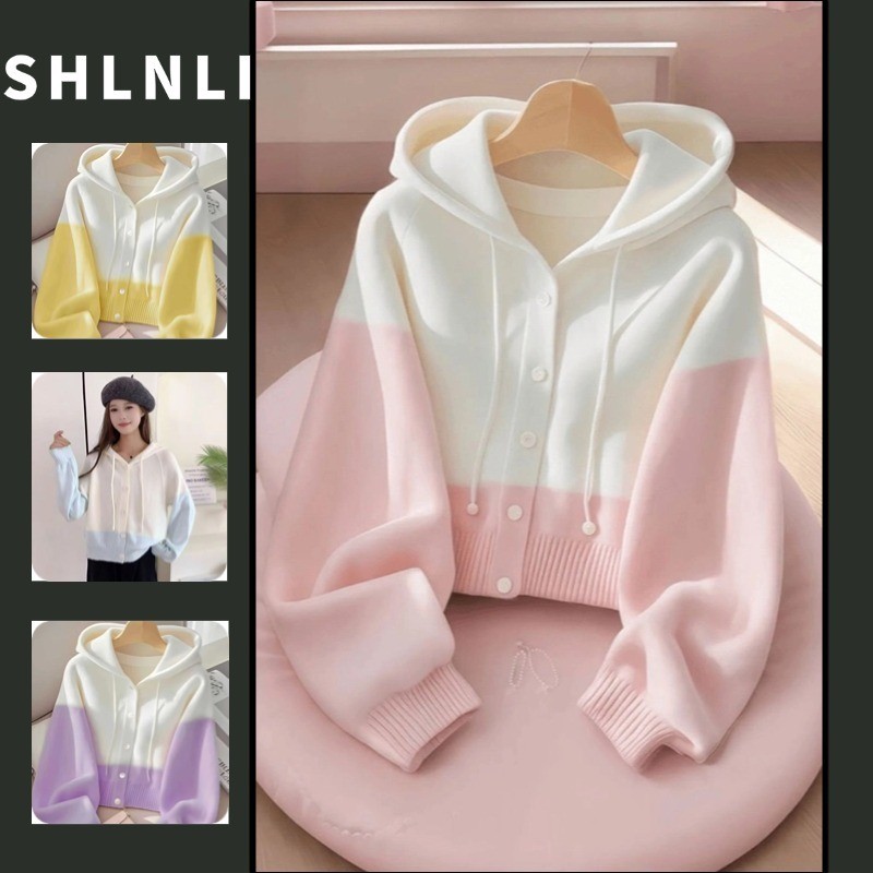 เสื้อกันหนาวทรงหลวมพร้อมฮู้ดและเชือกรูด สำหรับฤดูใบไม้ผลิและฤดูใบไม้ร่วง
