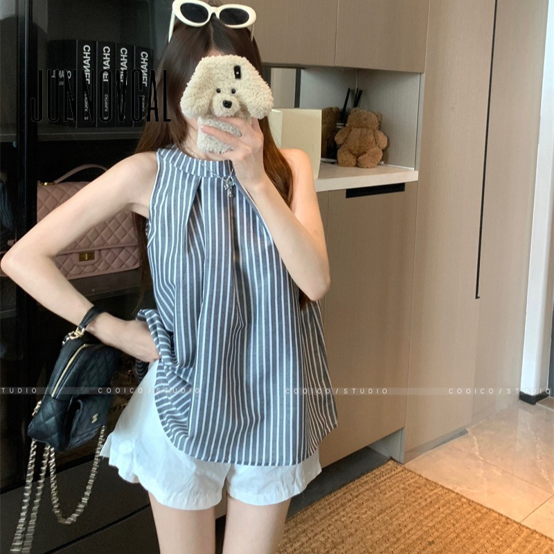 เสื้อกล้ามคอกลมลายทางสำหรับผู้หญิง สไตล์แฟชั่น Y2K