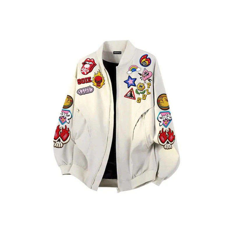 ICONSLAB สไตล์ฮ่องกงการ์ตูนโกรธ Graffiti การออกแบบสร้างสรรค์รูปแบบพิมพ์ตัวอักษร Retro Bomber Jacket 