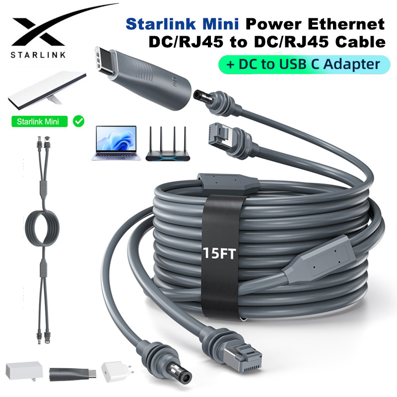 Starlink Mini DC/RJ45 ถึง DC/RJ45 สายไฟอีเธอร์เน็ตพร้อมตัวแปลง DC เป็น USB-C อุปกรณ์เสริมสายเคเบิลต่