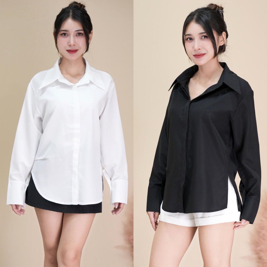เสื้อเชิ้ตแขนยาว คอปก แต่งชายเว้า ทรงเรียบง่าย ดีไซน์ติดกระดุมซ่อน ผ้าคอตตอนใส่สบายมาก แมทซ์ลุคง่าย ผ้าดี