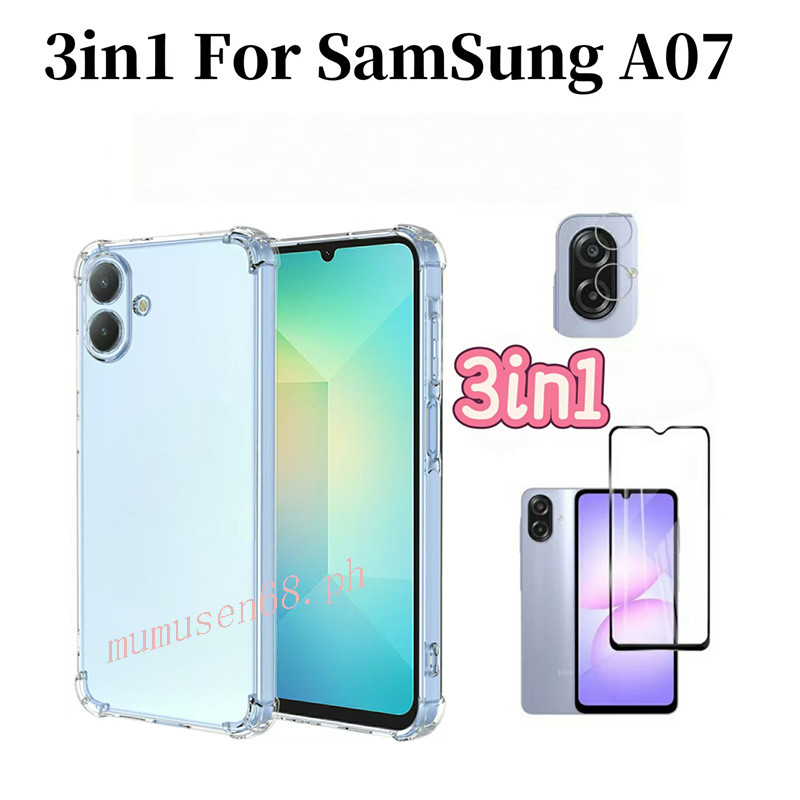 3IN1 Samsung Galaxy A07 กันกระแทกนุ่มโปร่งใสเคสโทรศัพท์สําหรับ Samsung Galaxy A17 A06 A56 A26 A36 A16 A05 กระจกนิรภัยฟิล์มและฟิล์มเลนส์