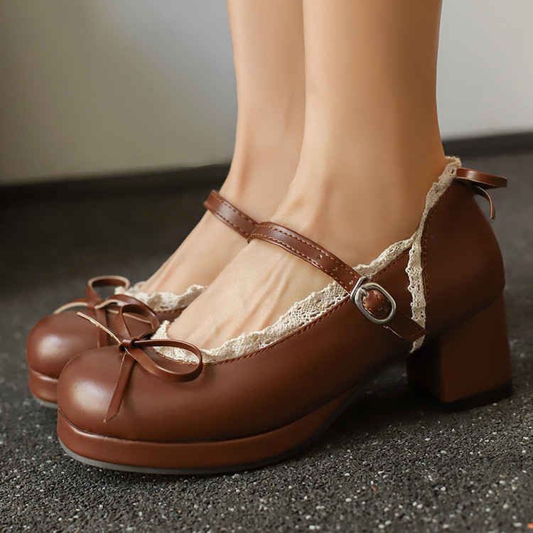 ASL30-50 ขนาดขนาดใหญ่ขนาดเล็กหวานรอบนิ้วเท้าโลลิต้าส้นหนาแพลตฟอร์มกันน้ําลูกไม้โบว์สายรัดหัวเข็มขัดแบนสไตล์เจ้าหญิงแมรี่เจนรองเท้า - รูปที่ 3