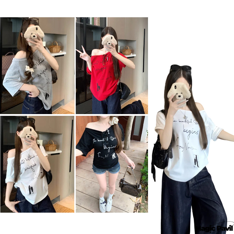 【Magic】พร้อมส่ง |เสื้อ ดีไซน์คอเปิดไหล่ เสื้อวินเทจสไตล์อเมริกัน ลายพิมพ์เรโทร ใส่แล้วคลาสสิก FYP33