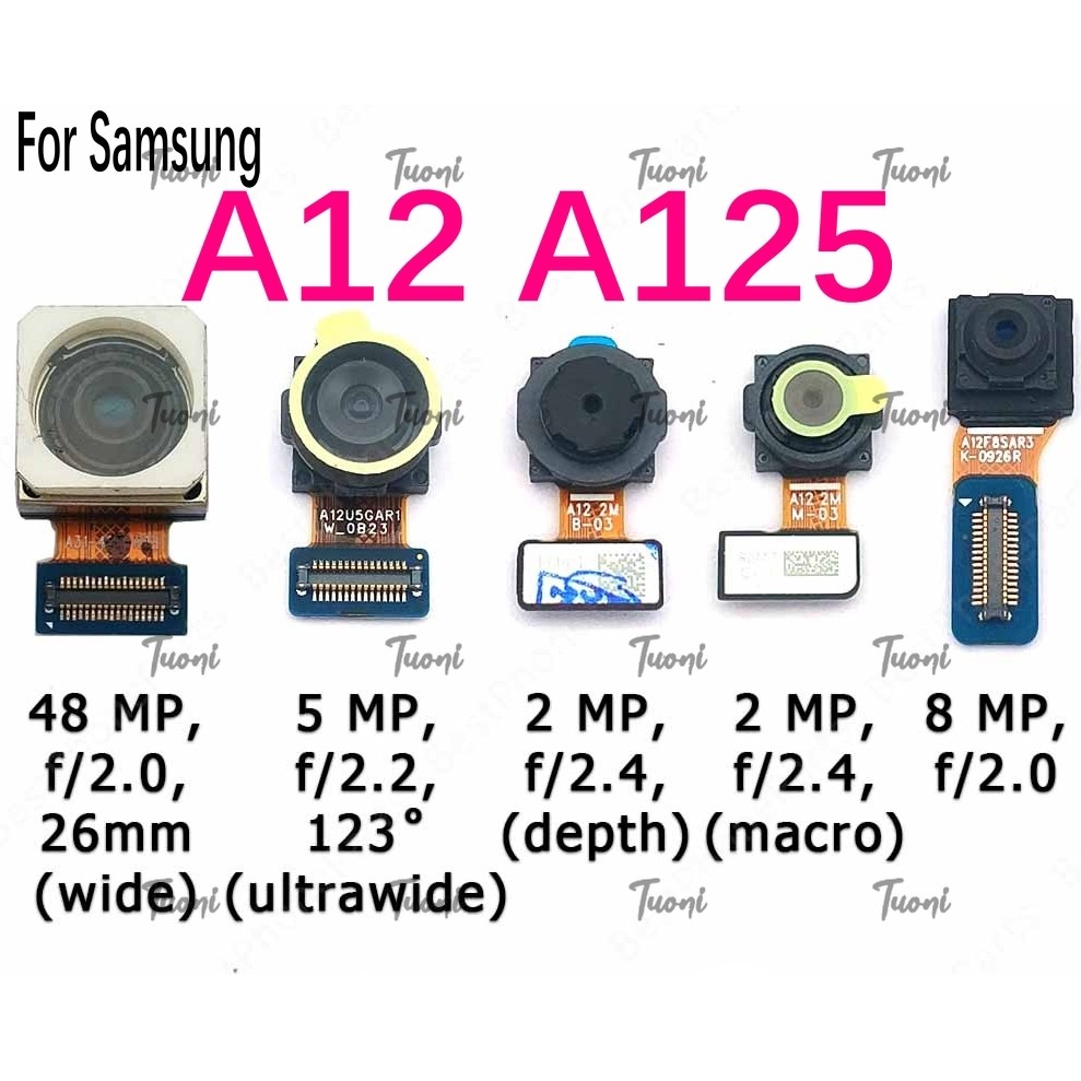 SAMSUNG กล้องด้านหน้าด้านหลังสําหรับSamsung Galaxy A12 A125 Selfie Facing Frontalกลับเปลี่ยนโมดูลกล้องอะไหล่